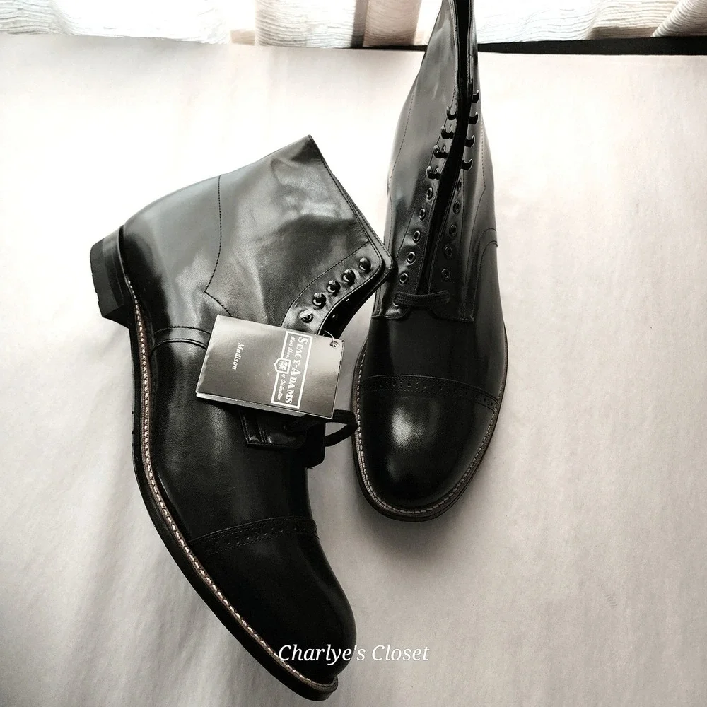 Stacy Adams Madison 15D NWB Blk Kidskin Leather Cap Toe Dress Boot Polished Chic